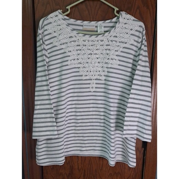 Alfred Dunner Tops - Alfred Dunner Womens White Gray Striped Embellished Neckline 3/4 Sleeve Size 1X